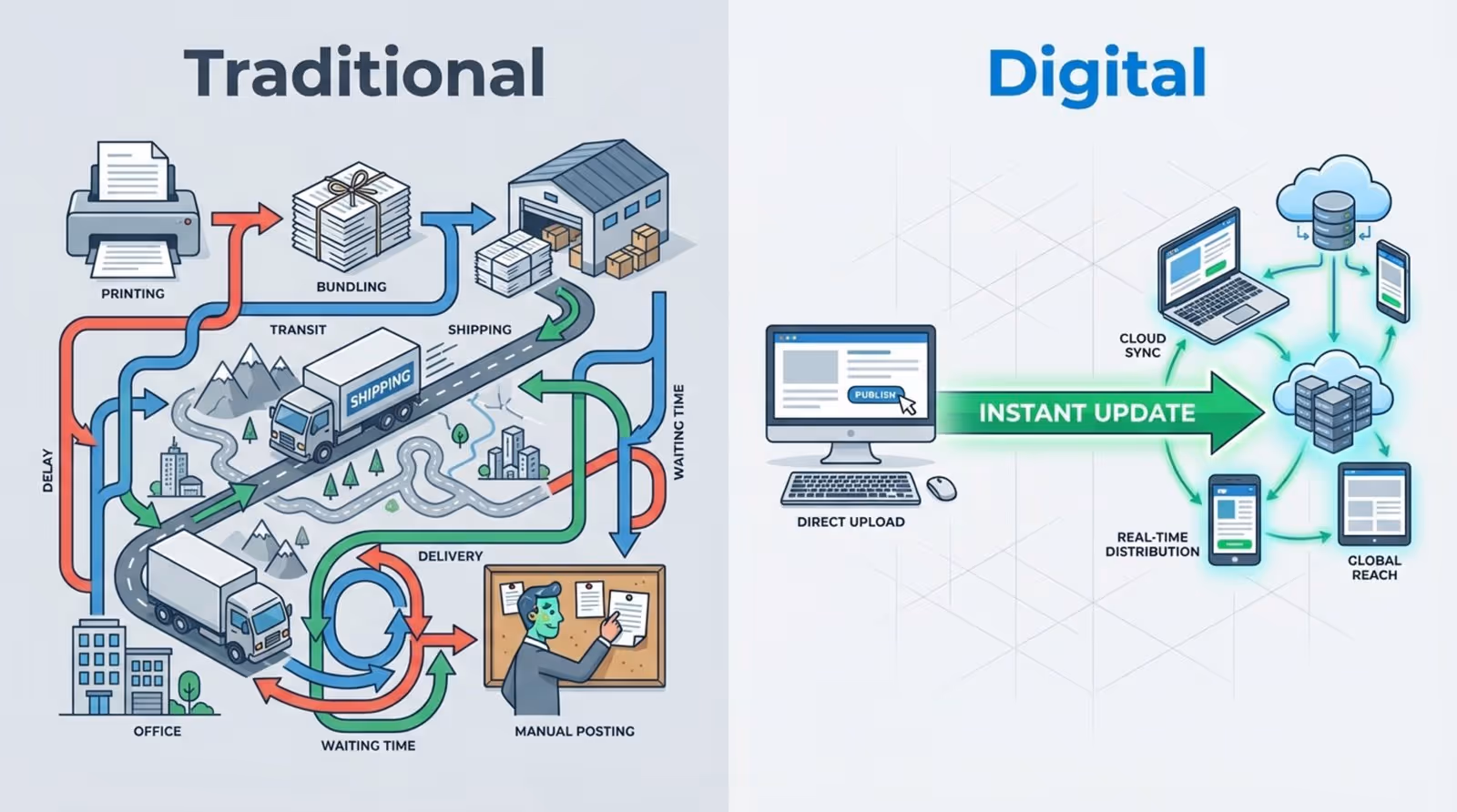 An infographic comparing traditional and digital content updates, showing complex manual processes versus instant online updates.