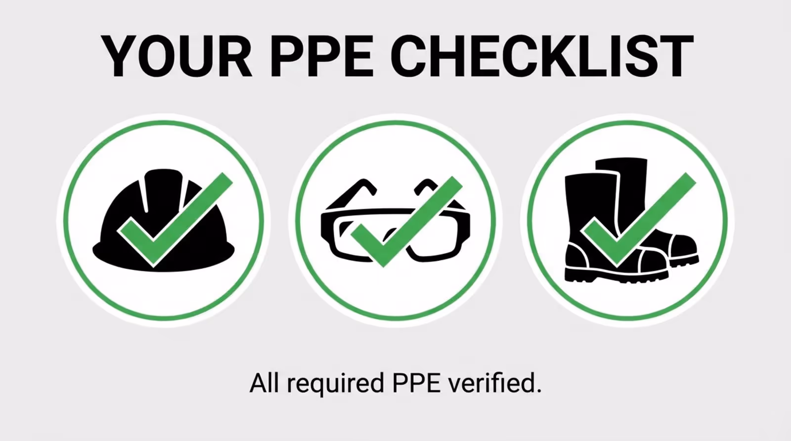A professional digital display graphic showing PPE items with checkmarks for safety compliance.