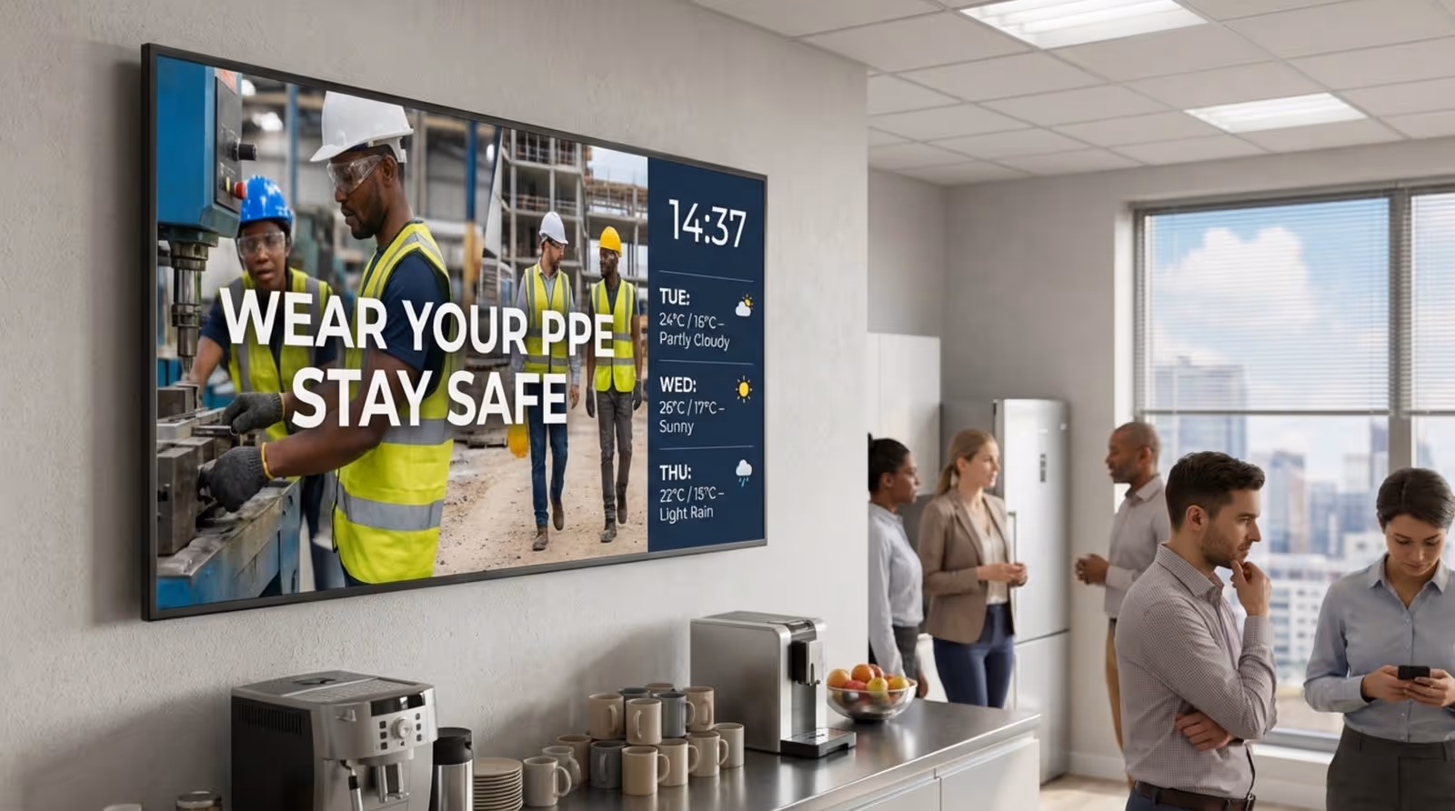 A digital screen in a busy breakroom displaying PPE usage video and weather forecast with employees in the background.