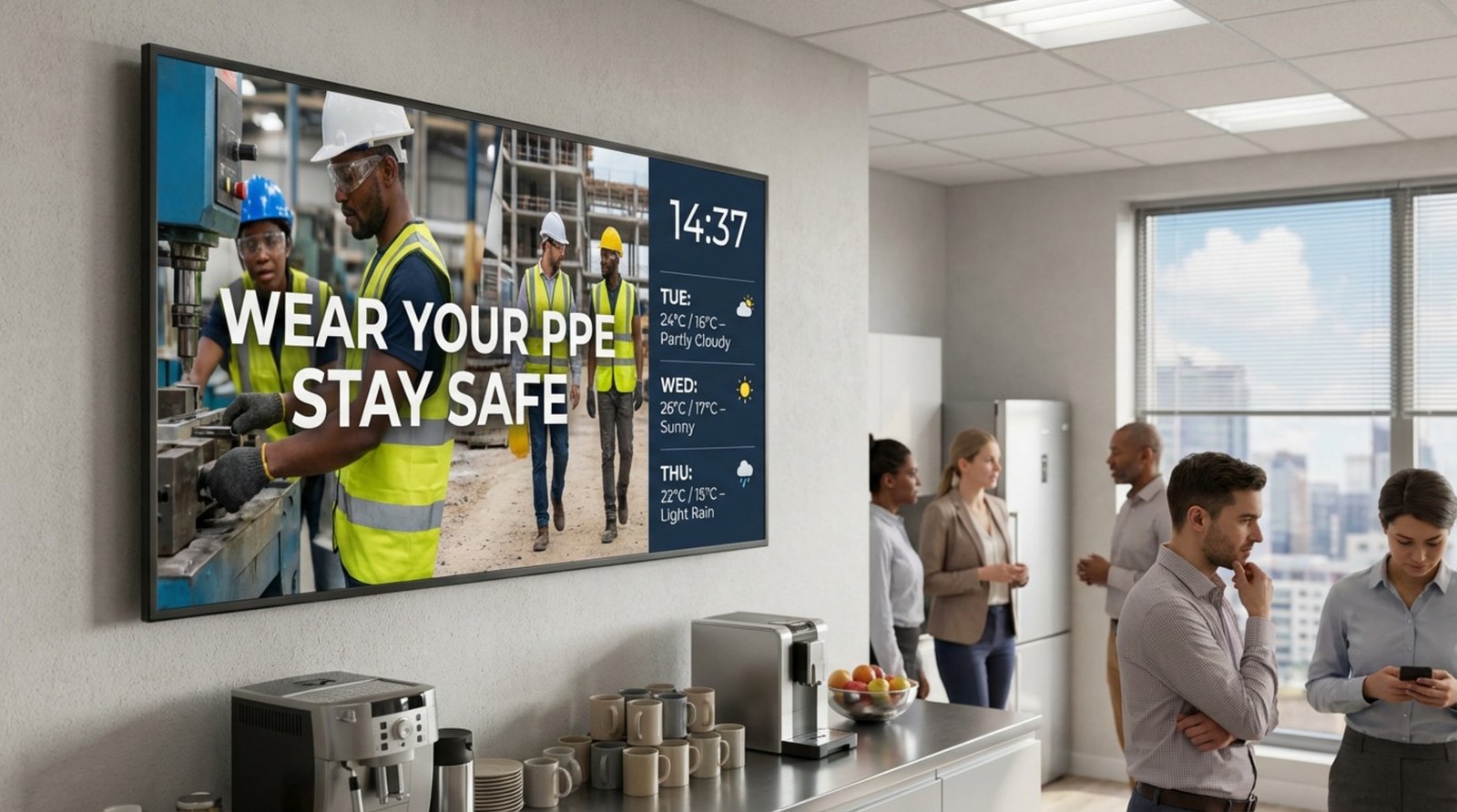 A digital screen in a busy breakroom displaying PPE usage video and weather forecast with employees in the background.