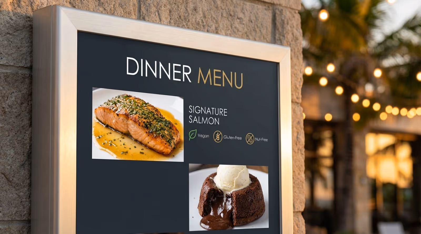Photorealistic close-up of a digital menu board outside an upscale resort restaurant displaying signature dishes and dietary icons.