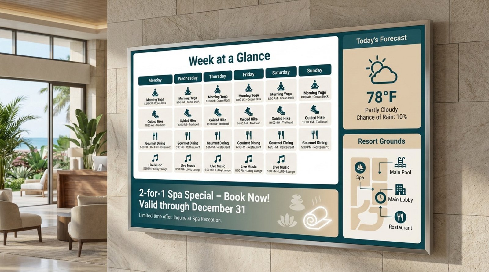 A professional graphic illustrating a balanced digital signage layout with main zones for schedule, information, and promotion.
