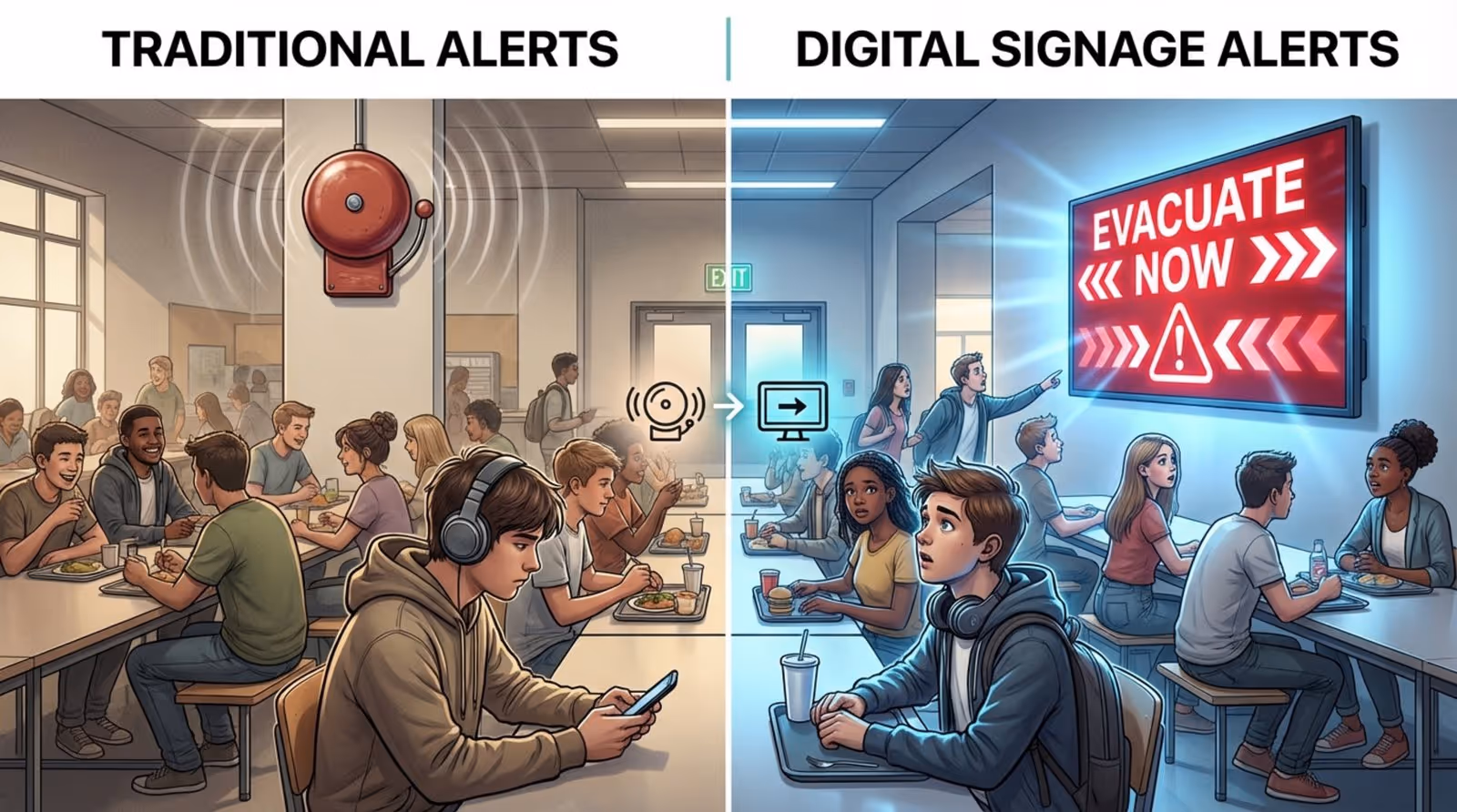 Comparison of traditional alerts and digital signage alerts showing a student ignoring a bell and another noticing an emergency message on a screen.