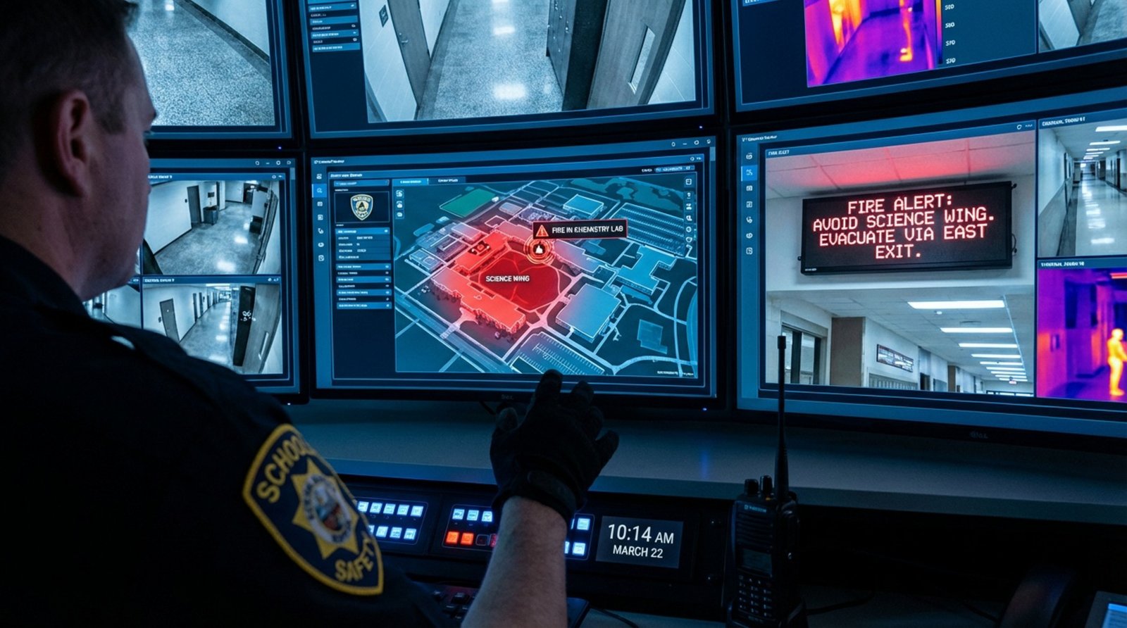 A school safety officer monitors a multi-screen dashboard showing a campus map with a fire alert and evacuation instructions for enhanced situational awareness.