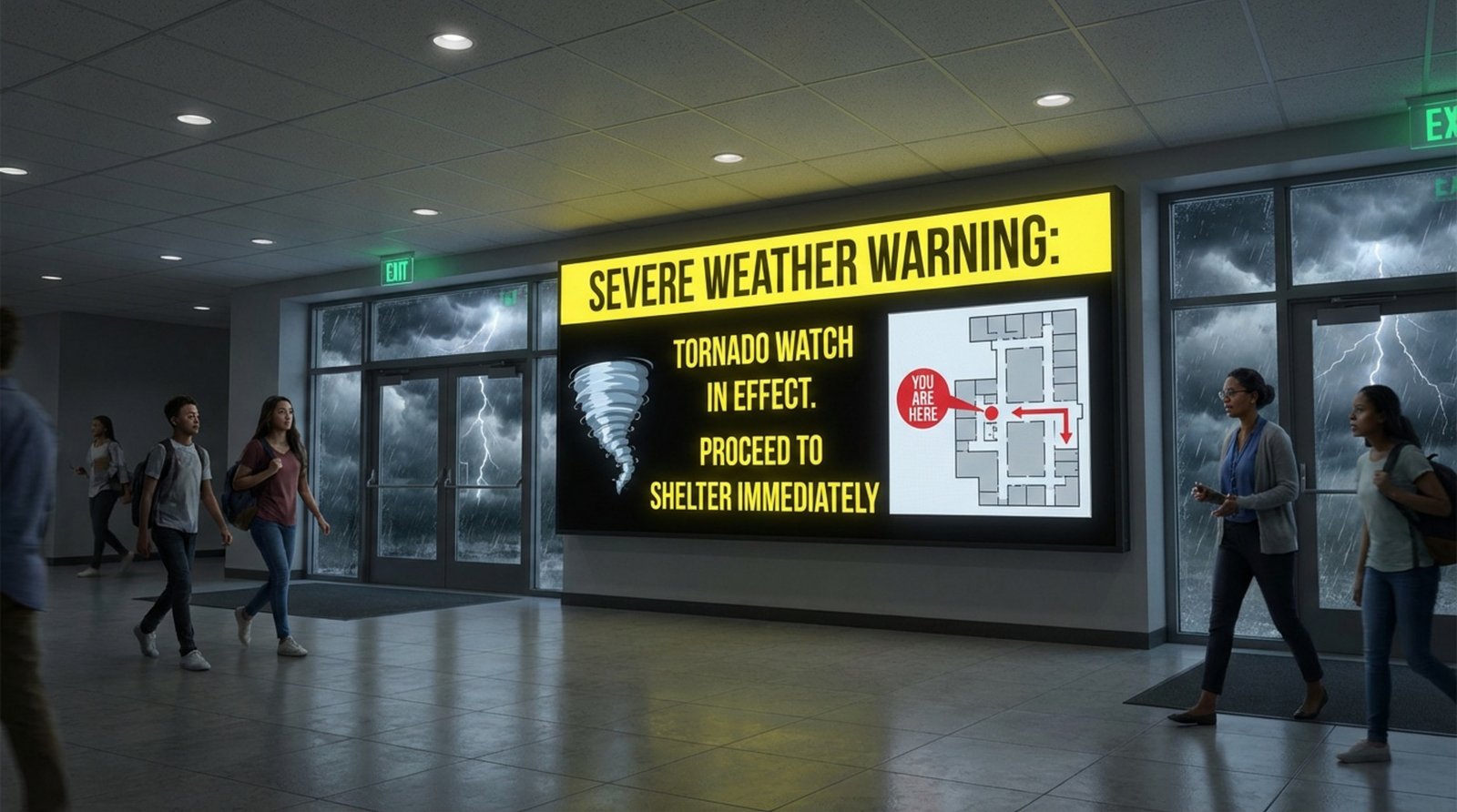 A digital screen inside a school lobby displays a severe weather warning with a tornado graphic and shelter route map.