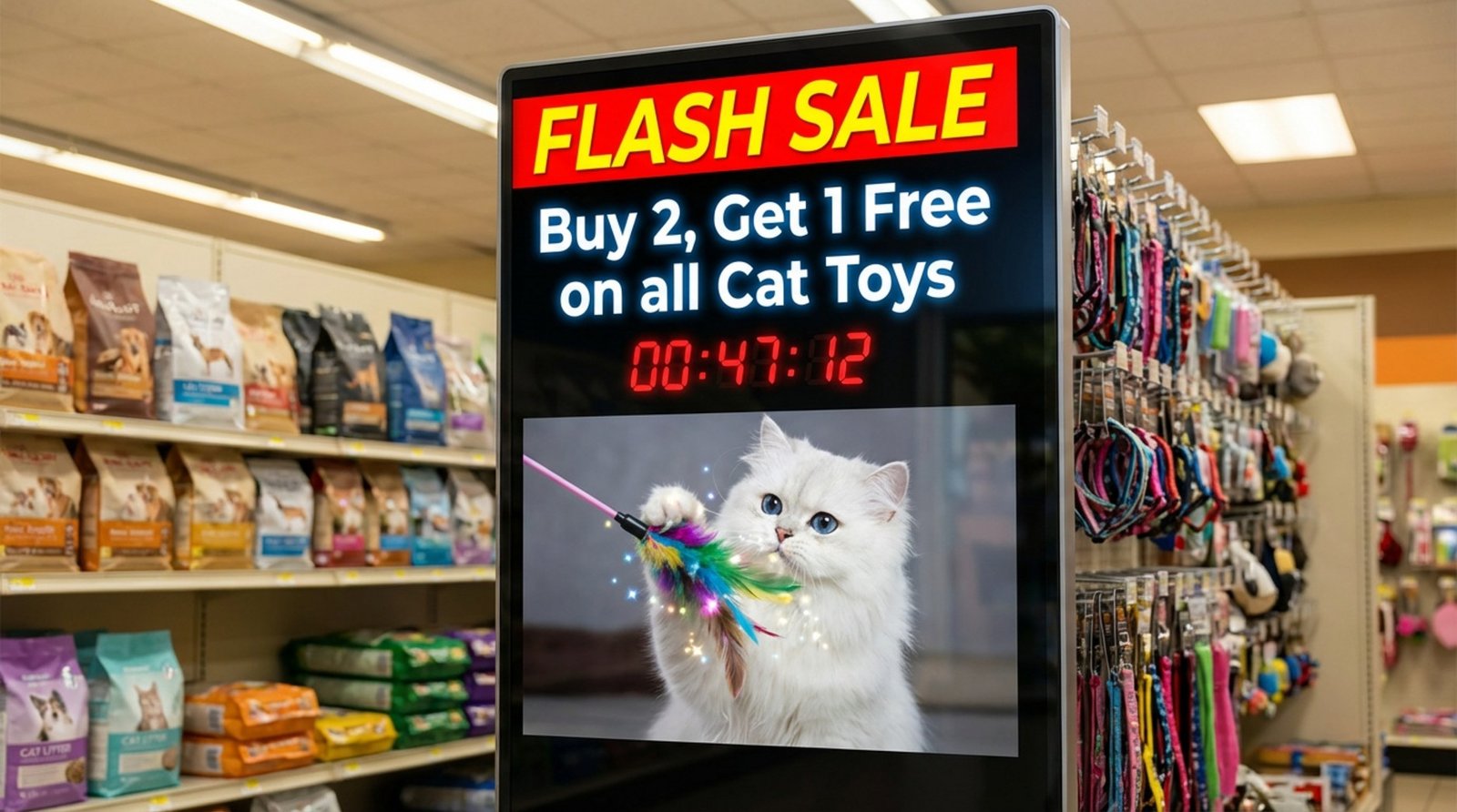 Digital screen in a pet store aisle displays a flash sale with a countdown timer and a playful Persian cat batting at a feather wand.