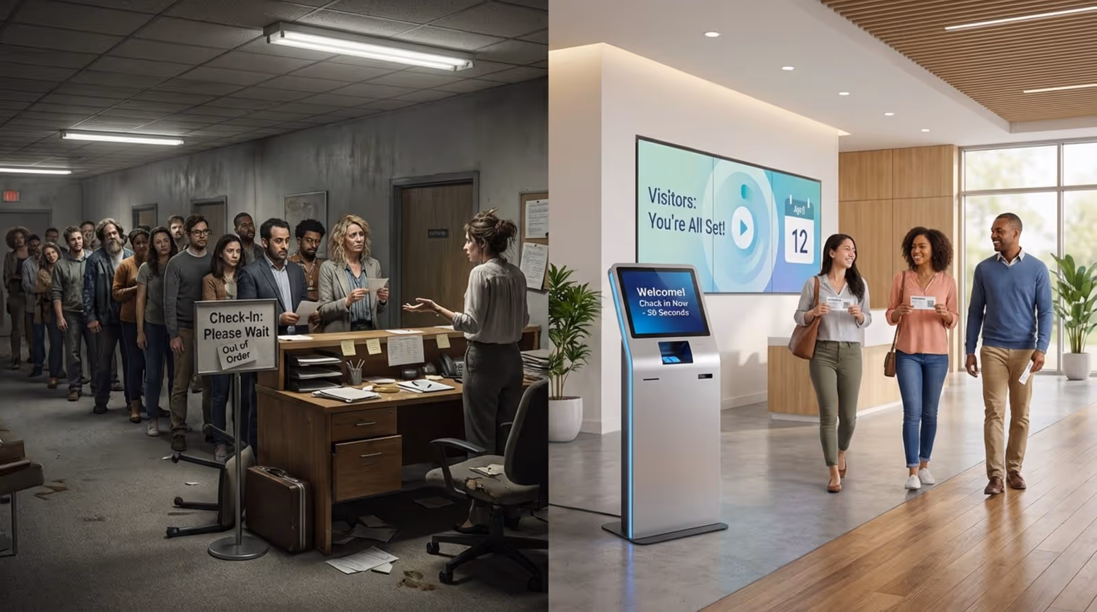 Contrasting lobby scenarios showing chaos and frustration on one side and calm efficiency on the other.
