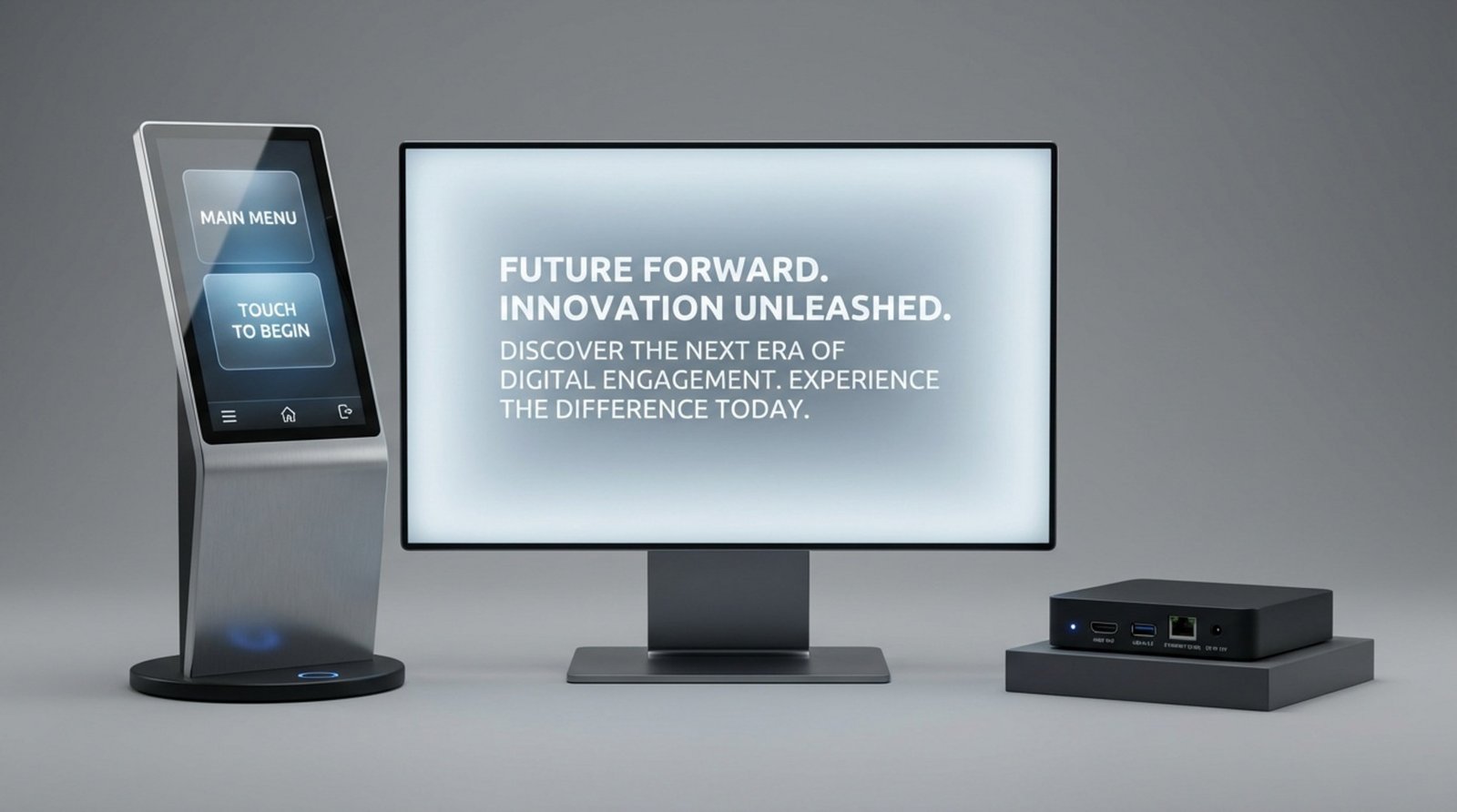 A studio-style illustration of digital signage hardware including a large display, an interactive kiosk, and a media player on a neutral grey background.