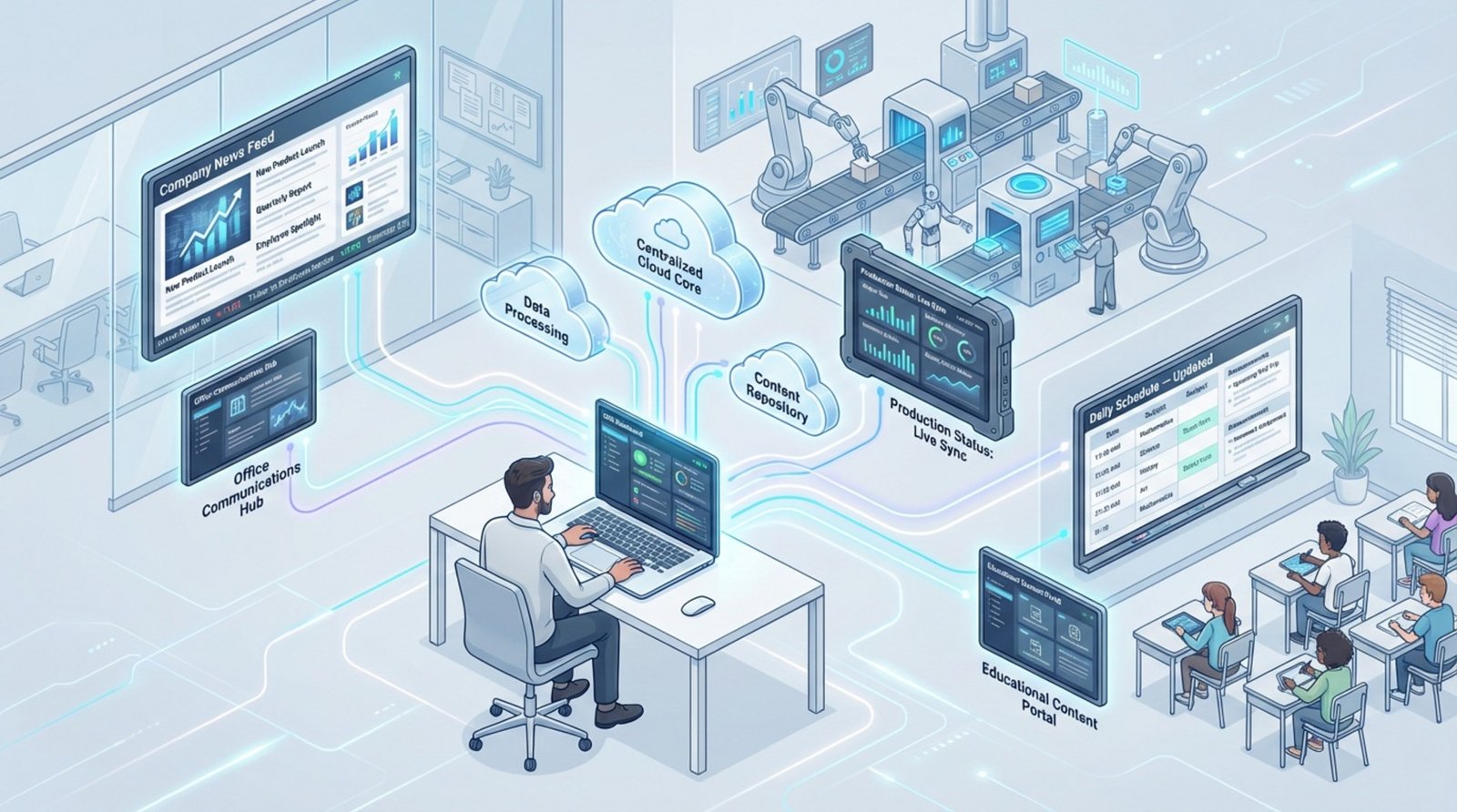 A diagram showing a user at a desk using a CMS dashboard connected to multiple screens across locations for synchronized updates.