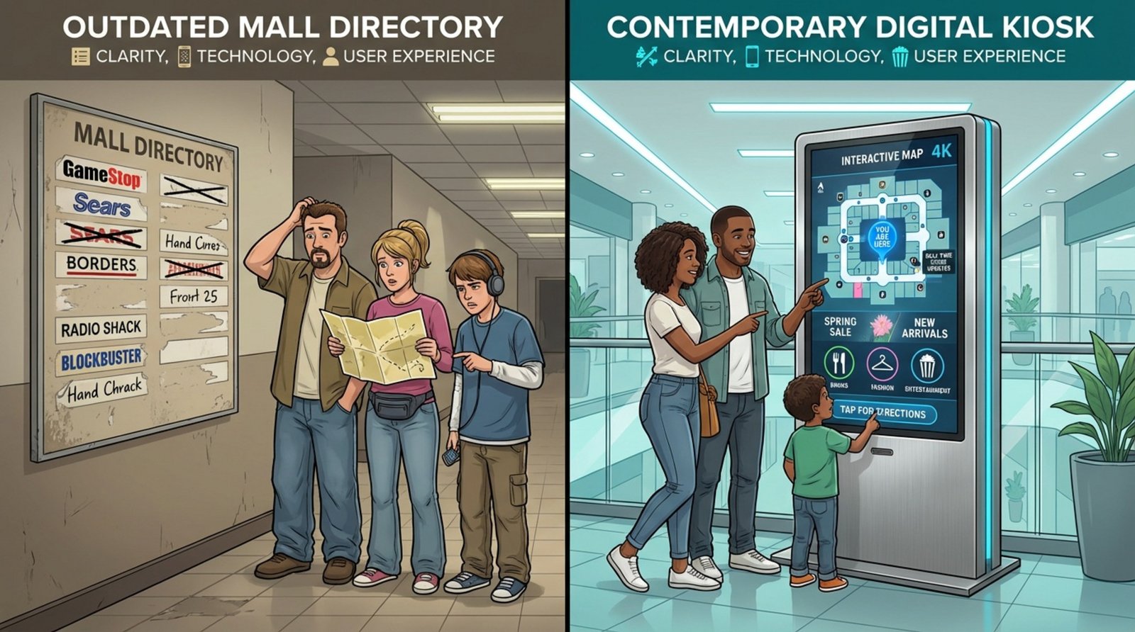 A split-screen illustration showing an outdated, peeling mall directory on one side and a modern digital kiosk on the other, highlighting technological advancement and improved shopper experience.