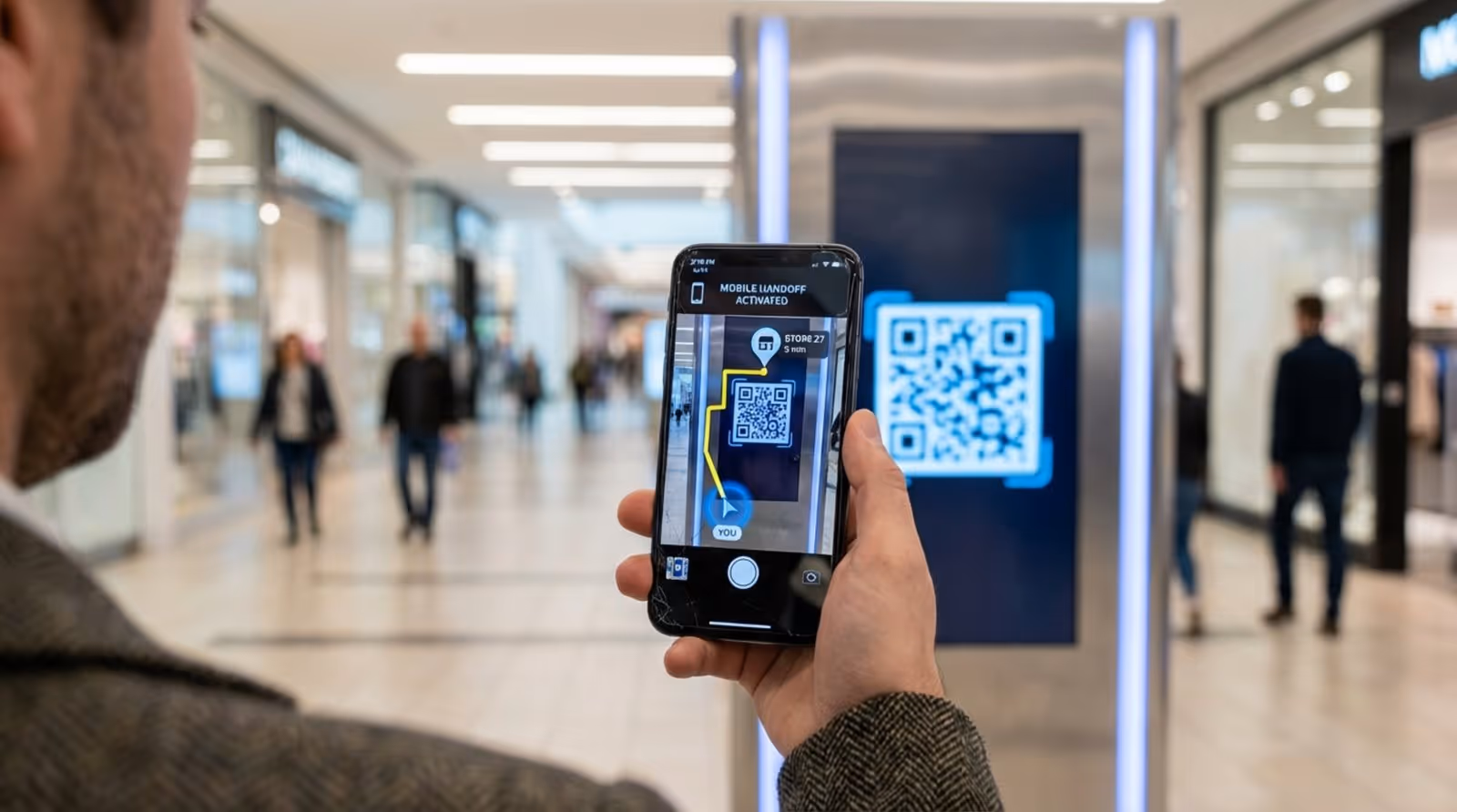 A shopper holds a smartphone displaying a map with directions after scanning a QR code on a digital directory kiosk.