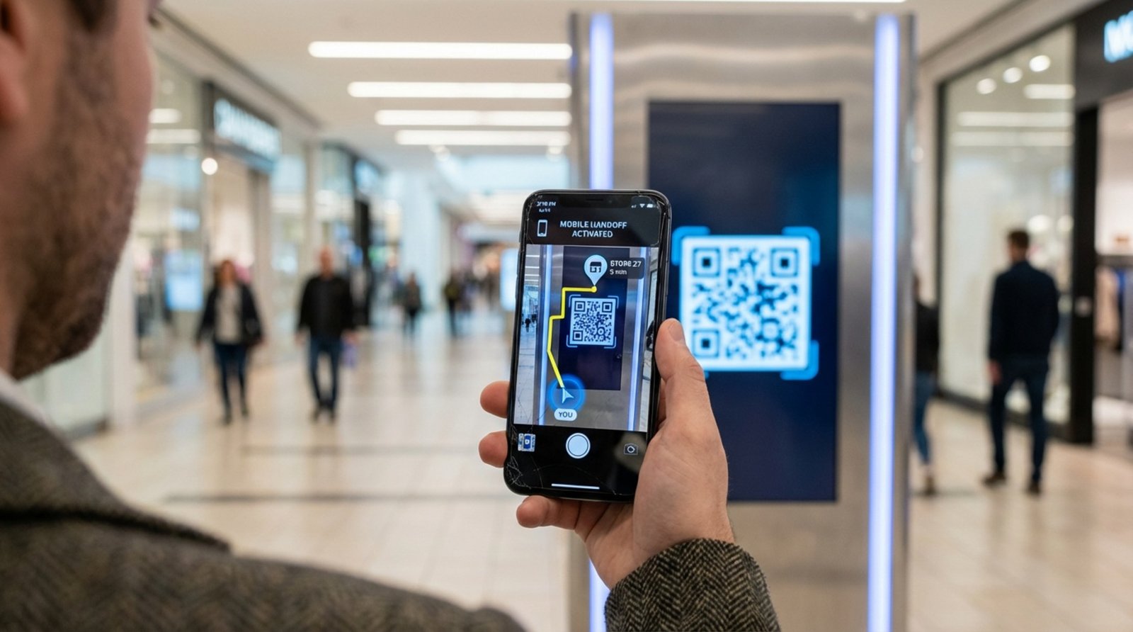 A shopper holds a smartphone displaying a map with directions after scanning a QR code on a digital directory kiosk.
