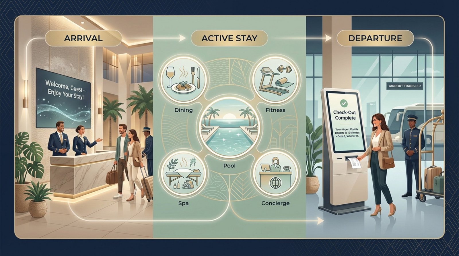 Elegant infographic illustrating the three key stages of the resort guest journey from arrival to departure with sophisticated visuals.
