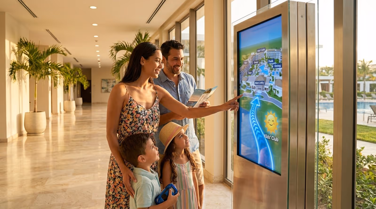 Family interacts with a large touch-screen kiosk displaying a 3D resort map in a bright, modern corridor.
