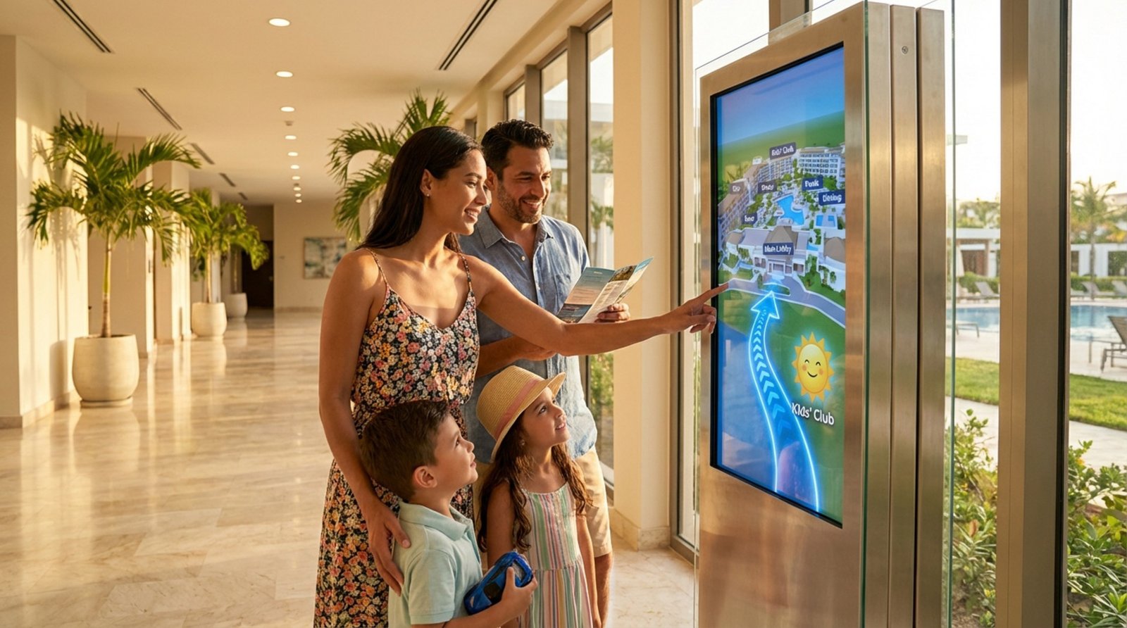 Family interacts with a large touch-screen kiosk displaying a 3D resort map in a bright, modern corridor.