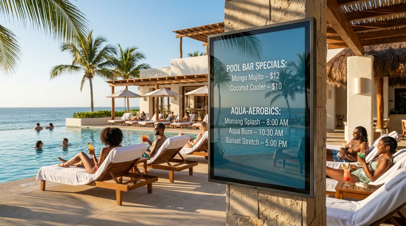 A bright outdoor digital display shows pool bar specials and aqua-aerobics schedules near a resort pool with guests relaxing and swimming.