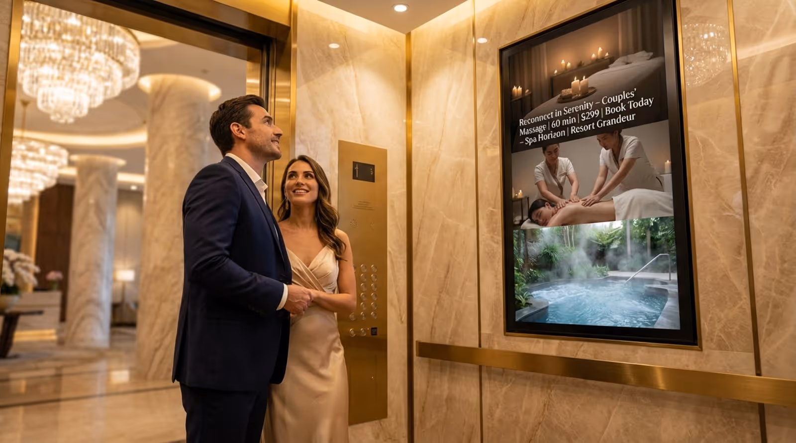 A couple looks at a digital screen inside a luxurious resort elevator promoting a couples massage.
