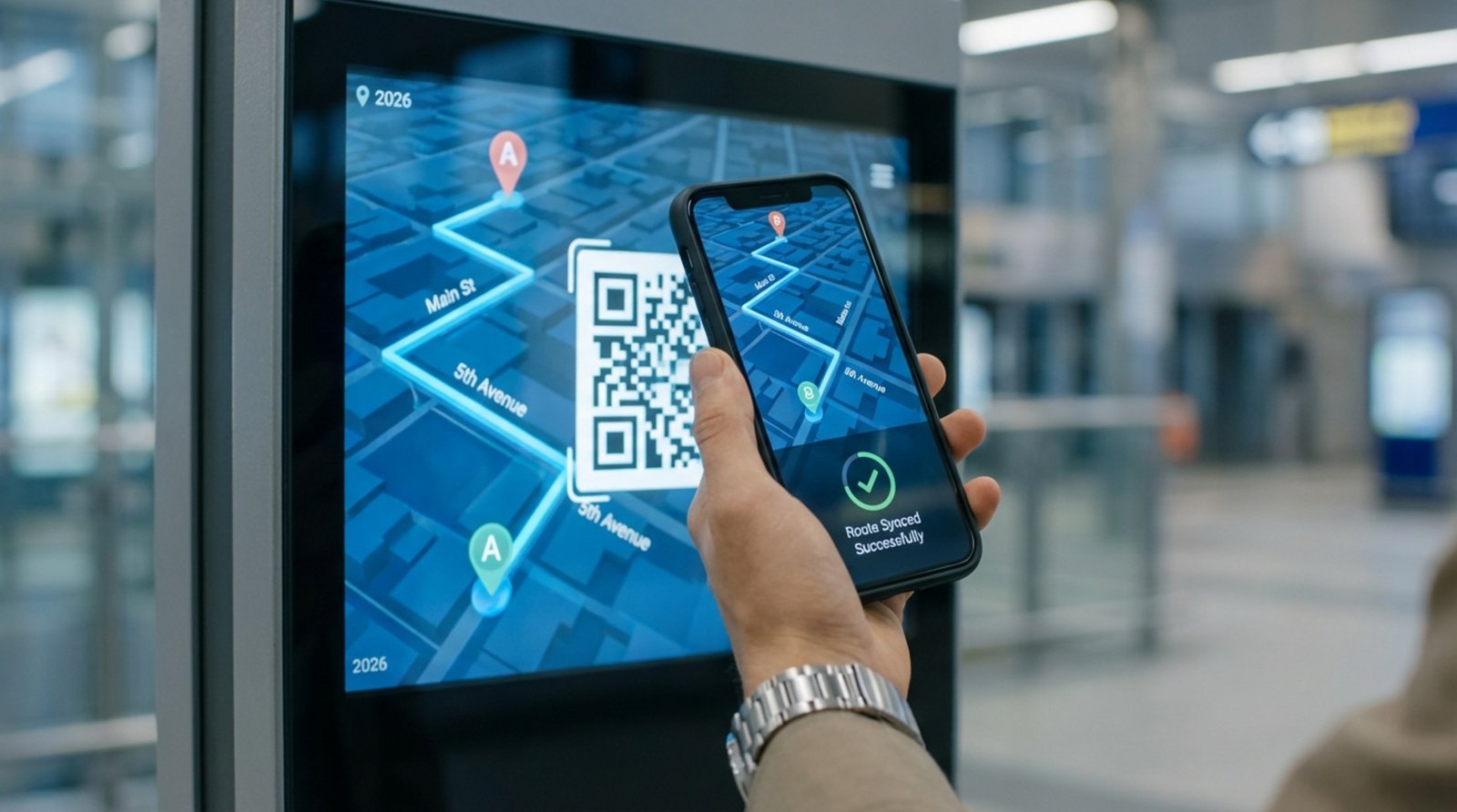 A person's hand holds a smartphone scanning a QR code on a digital kiosk screen with a 3D map route displayed, showing seamless device and screen interaction.