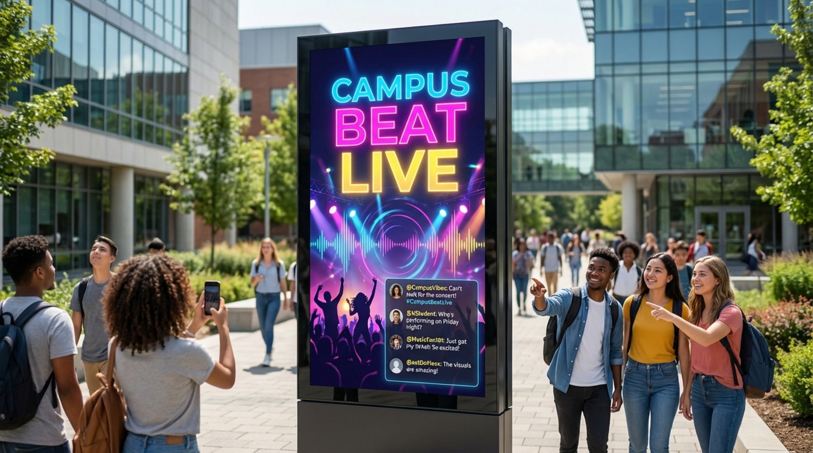 A colorful digital display on a busy campus walkway promoting an upcoming event with a live social media feed.