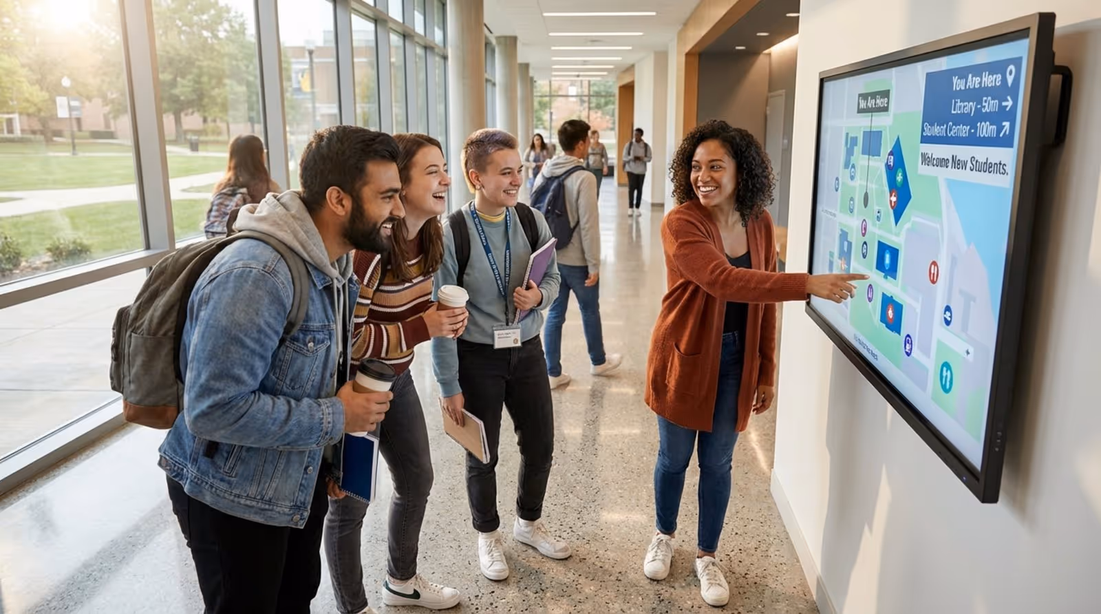 A group of new university students in a bright hallway looking at a campus map on a digital screen, showing community and relief.