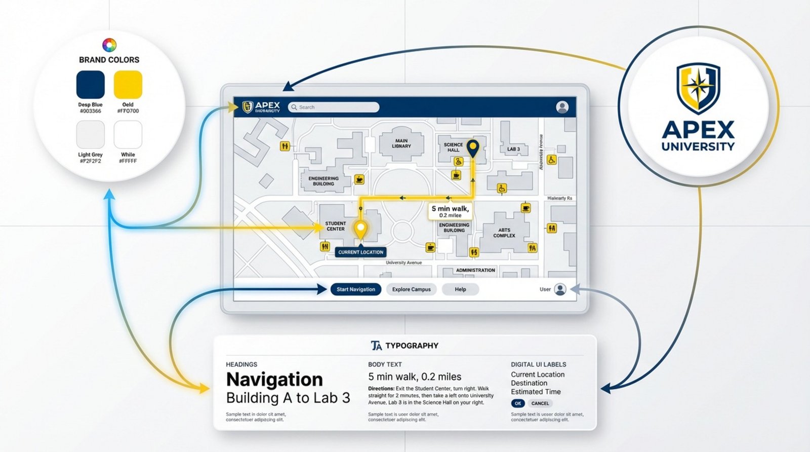 An infographic illustrating how branding elements are applied to customize a digital campus map interface.