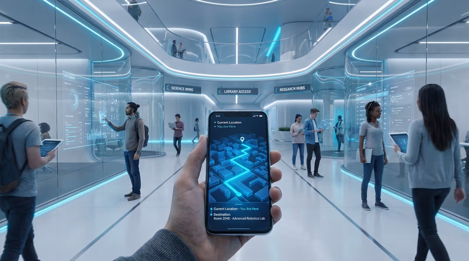 A student walks through a modern university with a 3D interior map on their smartphone showing real-time navigation.
