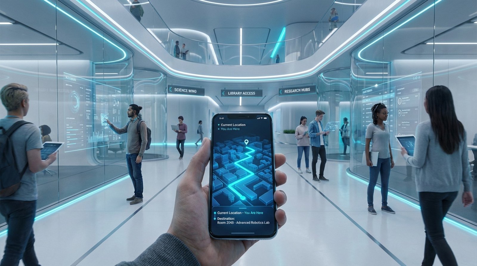 A student walks through a modern university with a 3D interior map on their smartphone showing real-time navigation.