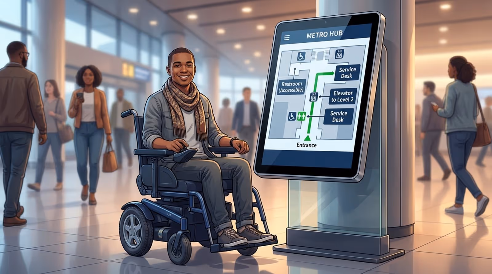 A wheelchair user interacts with an accessible digital wayfinding kiosk displaying a map with accessible routes and icons, promoting inclusivity and empowerment.