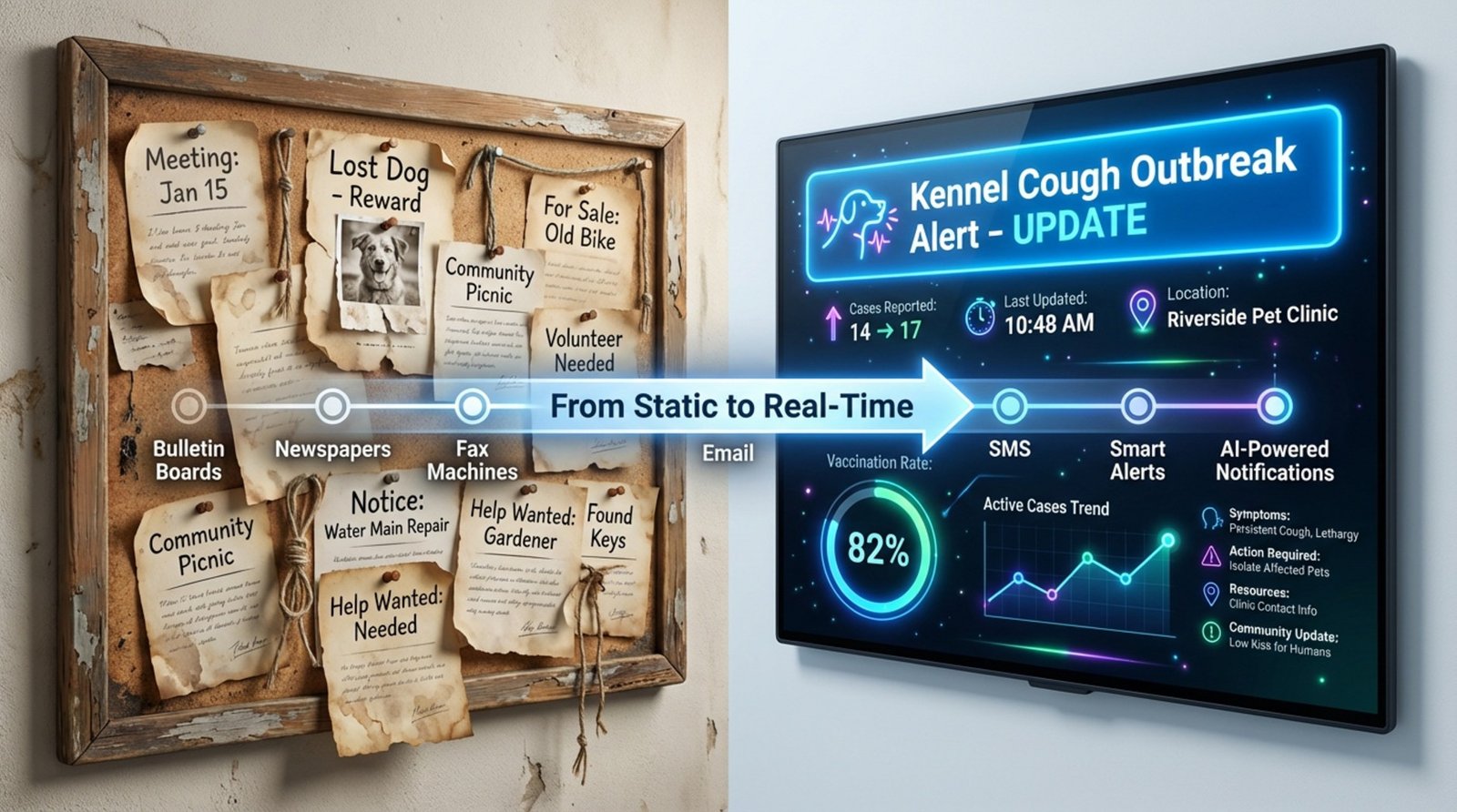 An infographic comparing traditional paper notices and modern digital alerts for local kennel cough updates.