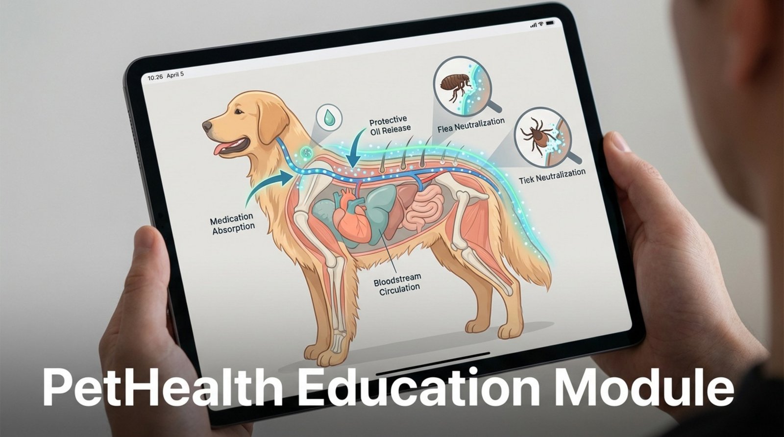 An educational illustration of a dog cross-section showing how flea and tick medication protects the animal.