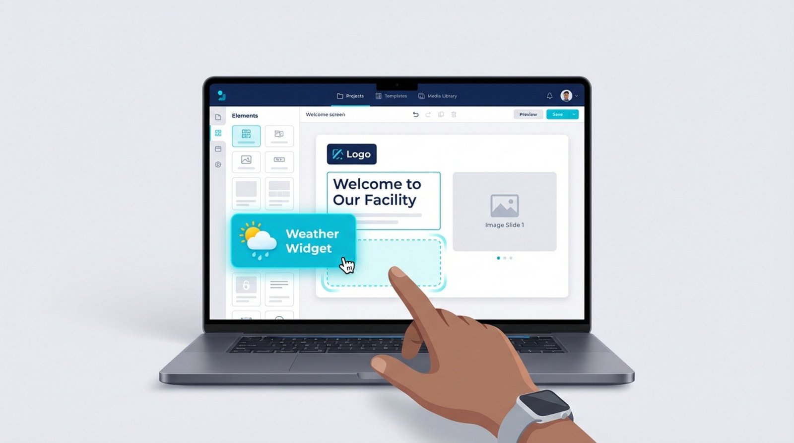 A user interacts with a digital signage content creator on a laptop, editing a template with drag-and-drop elements.