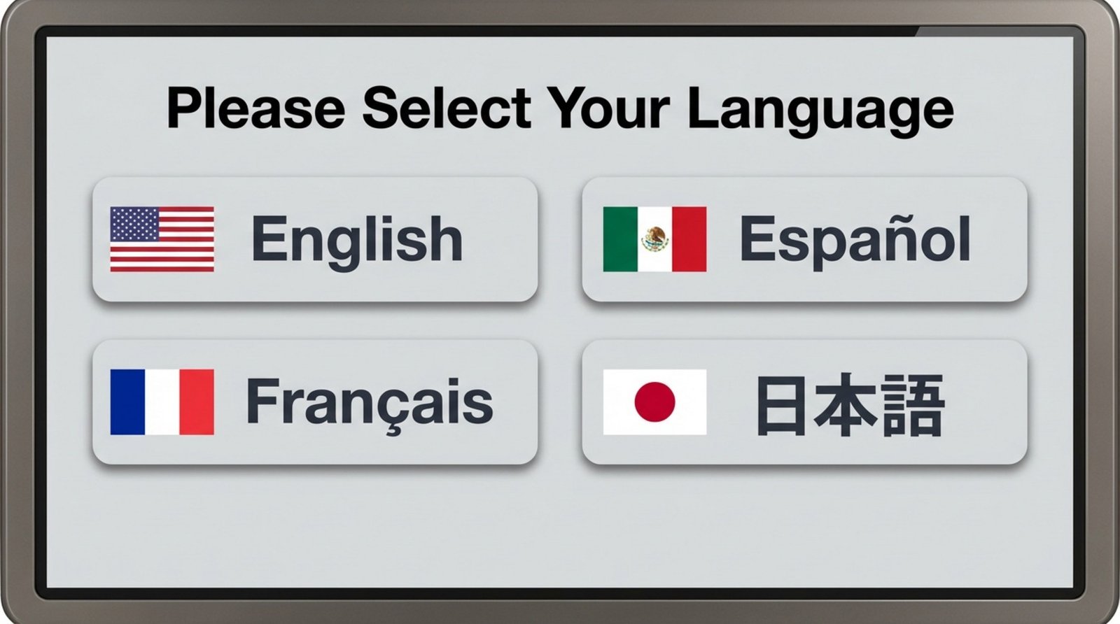 A graphic illustration of a digital kiosk screen displaying language selection options with flags and labels for easy user choice.