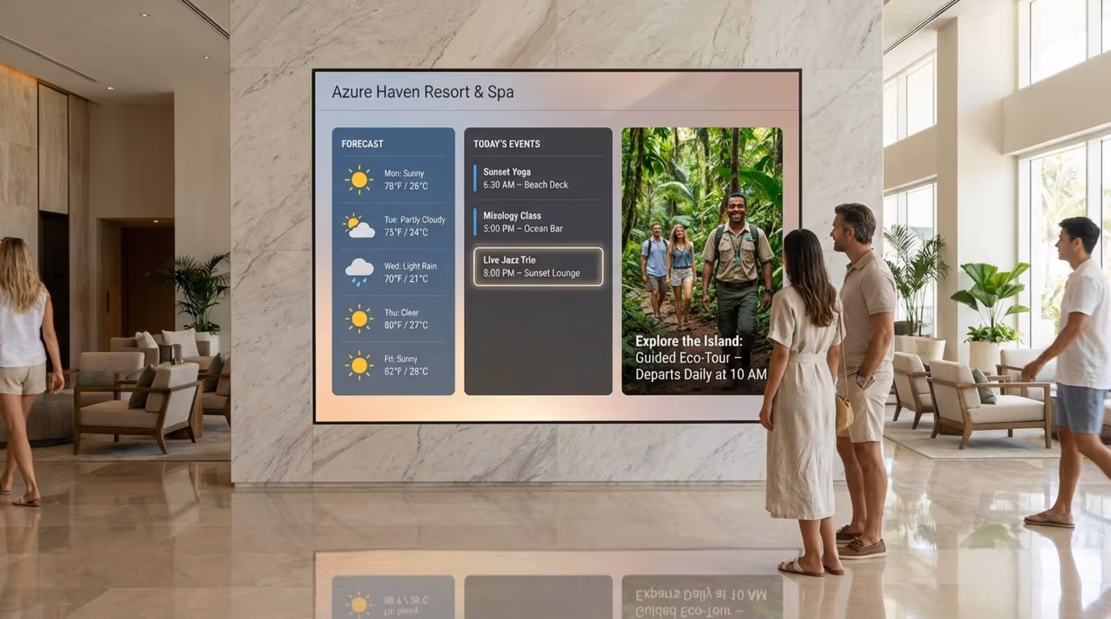 A digital screen displays resort information including weather, events, and promotions at a modern reception area.