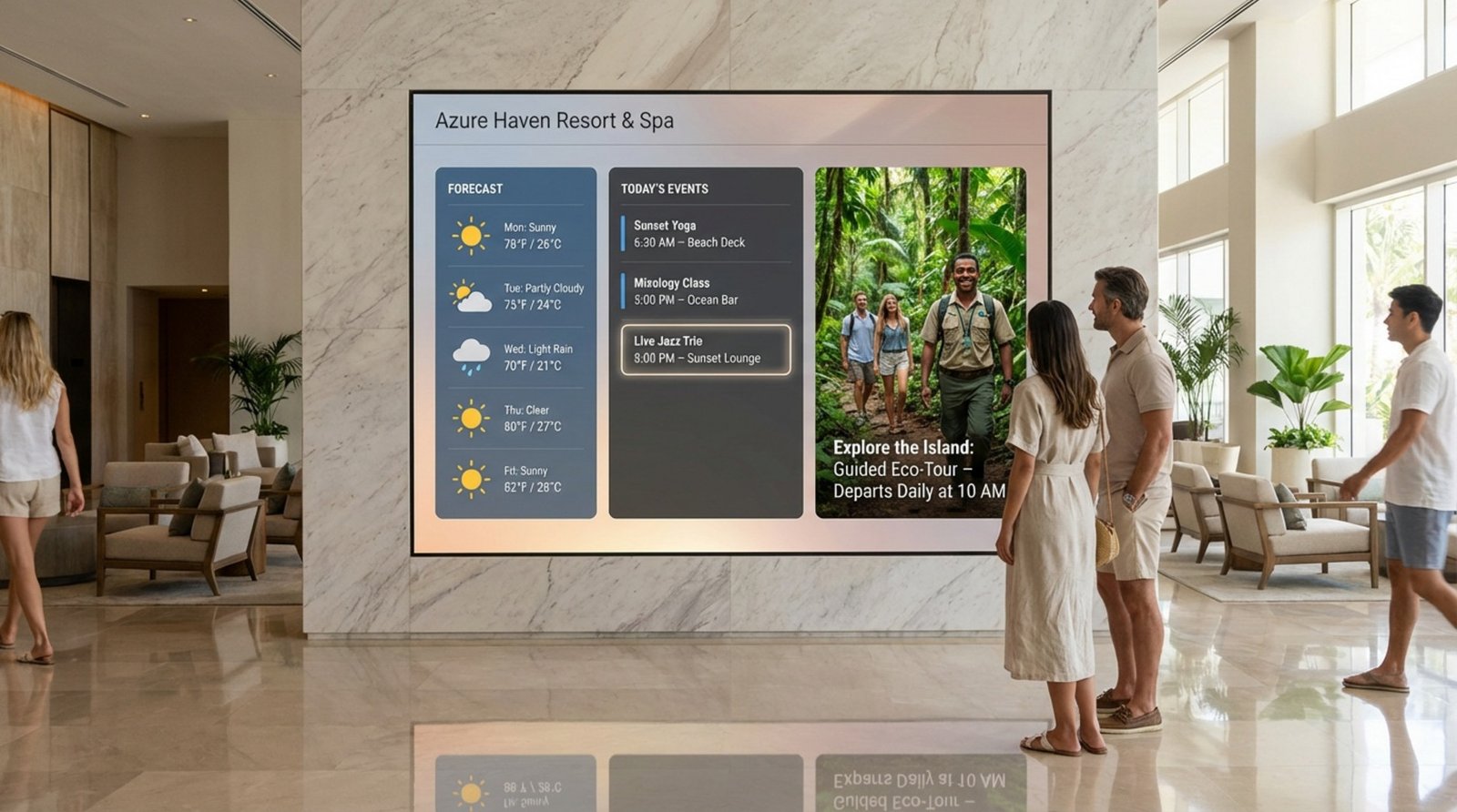 A digital screen displays resort information including weather, events, and promotions at a modern reception area.