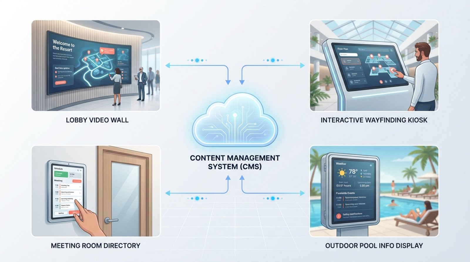 An infographic showing a resort's digital wayfinding system with a central CMS cloud connecting to a lobby video wall, interactive kiosk, meeting room tablet, and outdoor display.