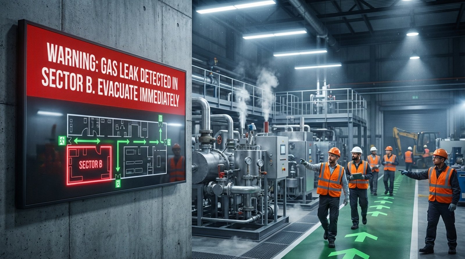 A digital warning screen in an industrial facility alerts to a gas leak with evacuation guidance.