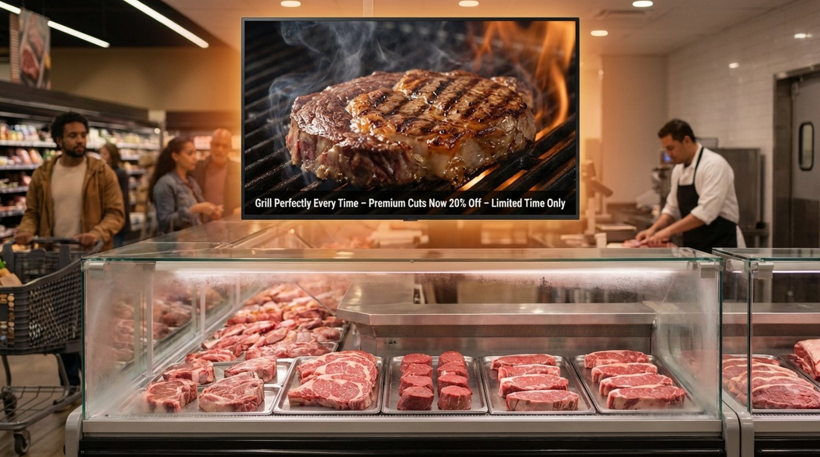 A digital screen in a butcher department displays a sizzling steak, attracting customers with warm light and motion.