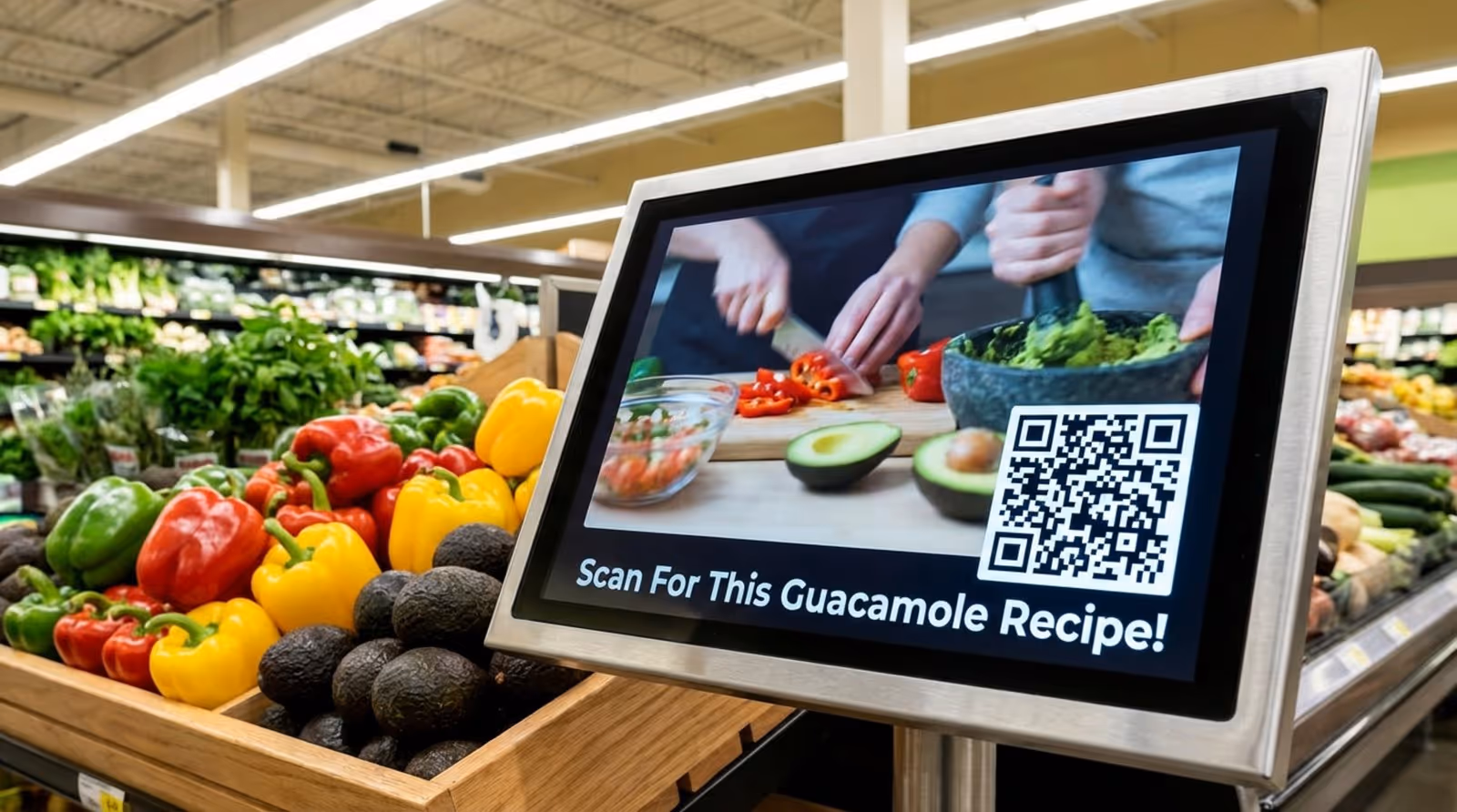 Close-up of a digital screen displaying a guacamole recipe video next to fresh produce with a QR code for quick access.
