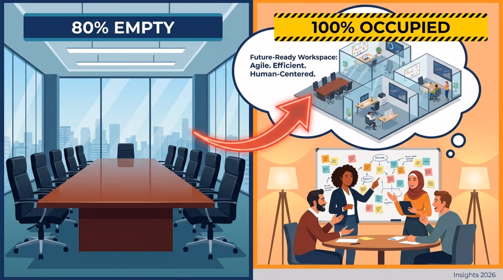 Split-screen illustration comparing an empty large boardroom and a crowded small meeting room, with a thought bubble showing a redesigned floor plan for better space utilization.