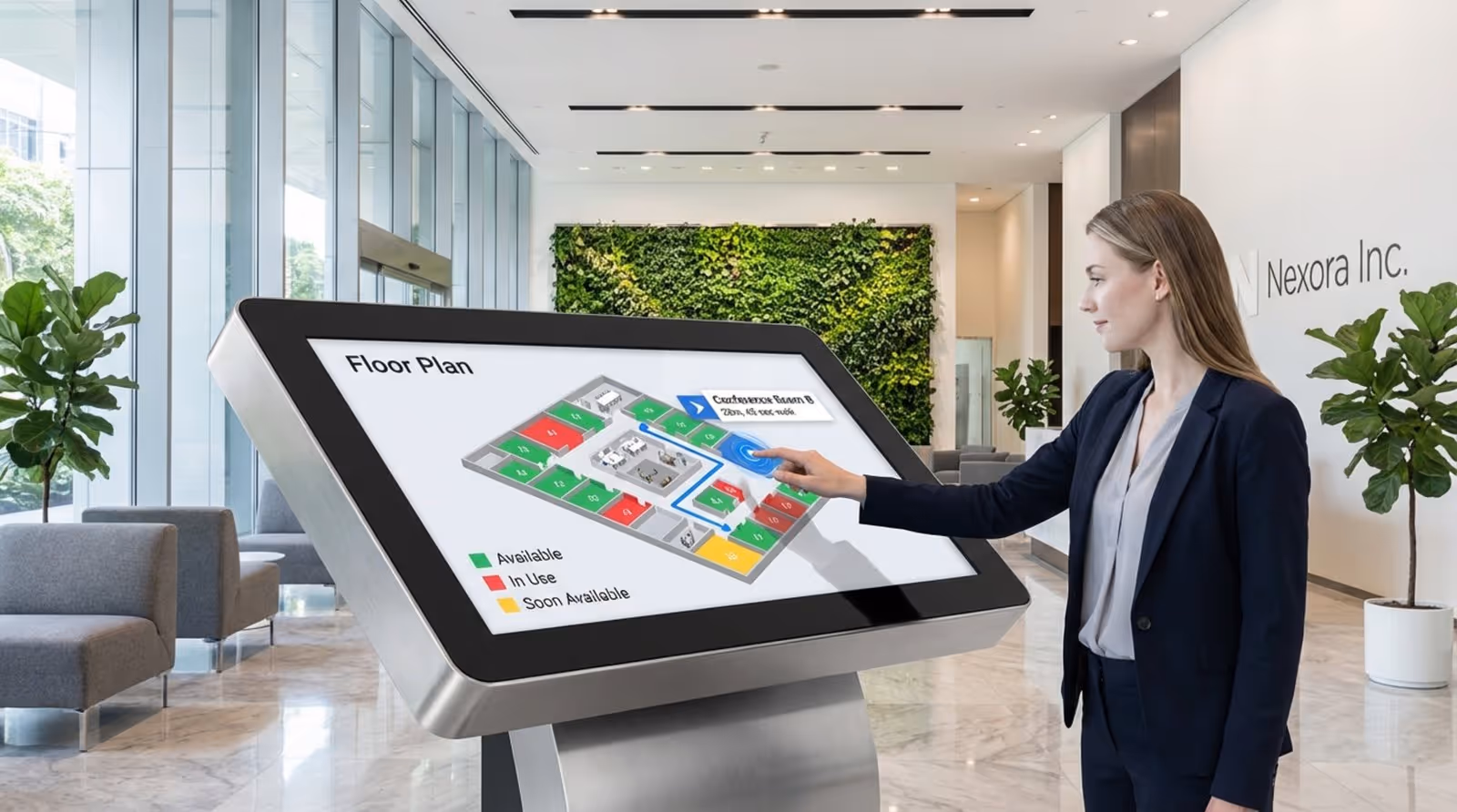 A digital kiosk displays an interactive office map with a visitor seeking directions in a modern lobby.