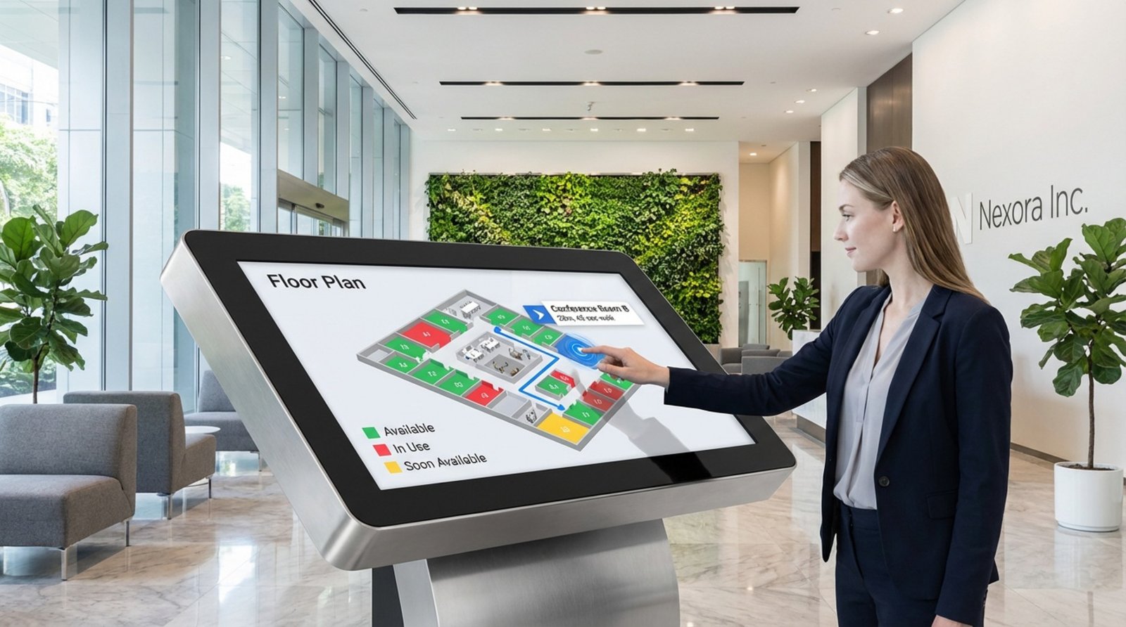 A digital kiosk displays an interactive office map with a visitor seeking directions in a modern lobby.