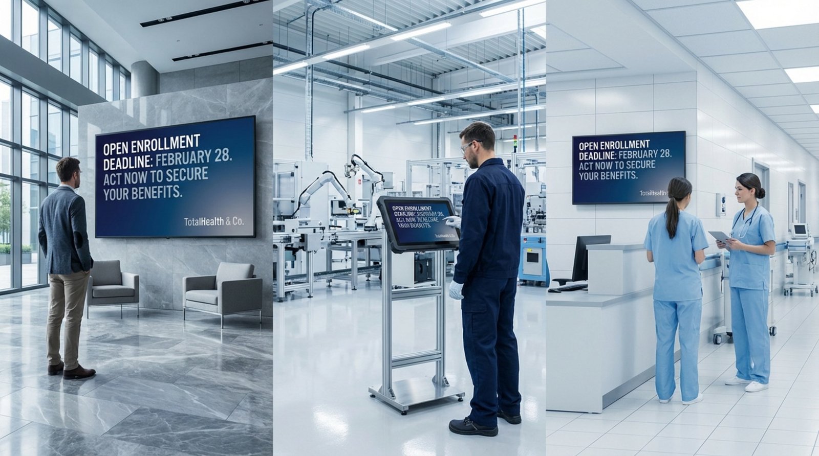 Photorealistic collage depicting three work settings with screens displaying open enrollment deadlines in each environment.