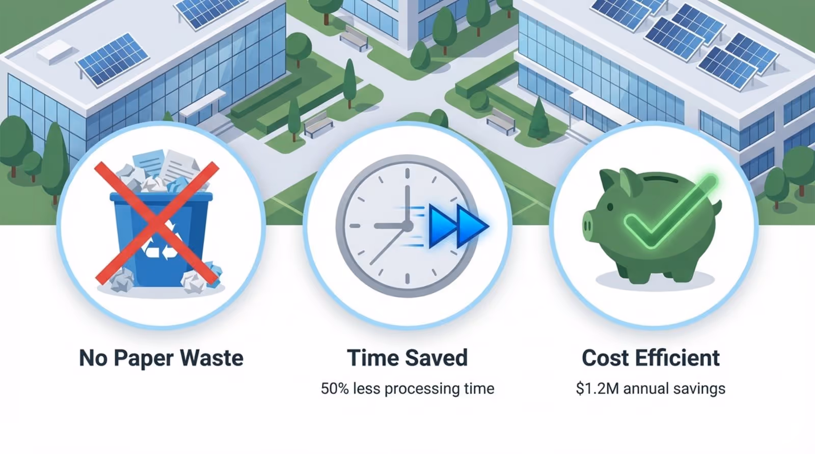An infographic illustrating waste reduction, time efficiency, and cost savings at a university campus.