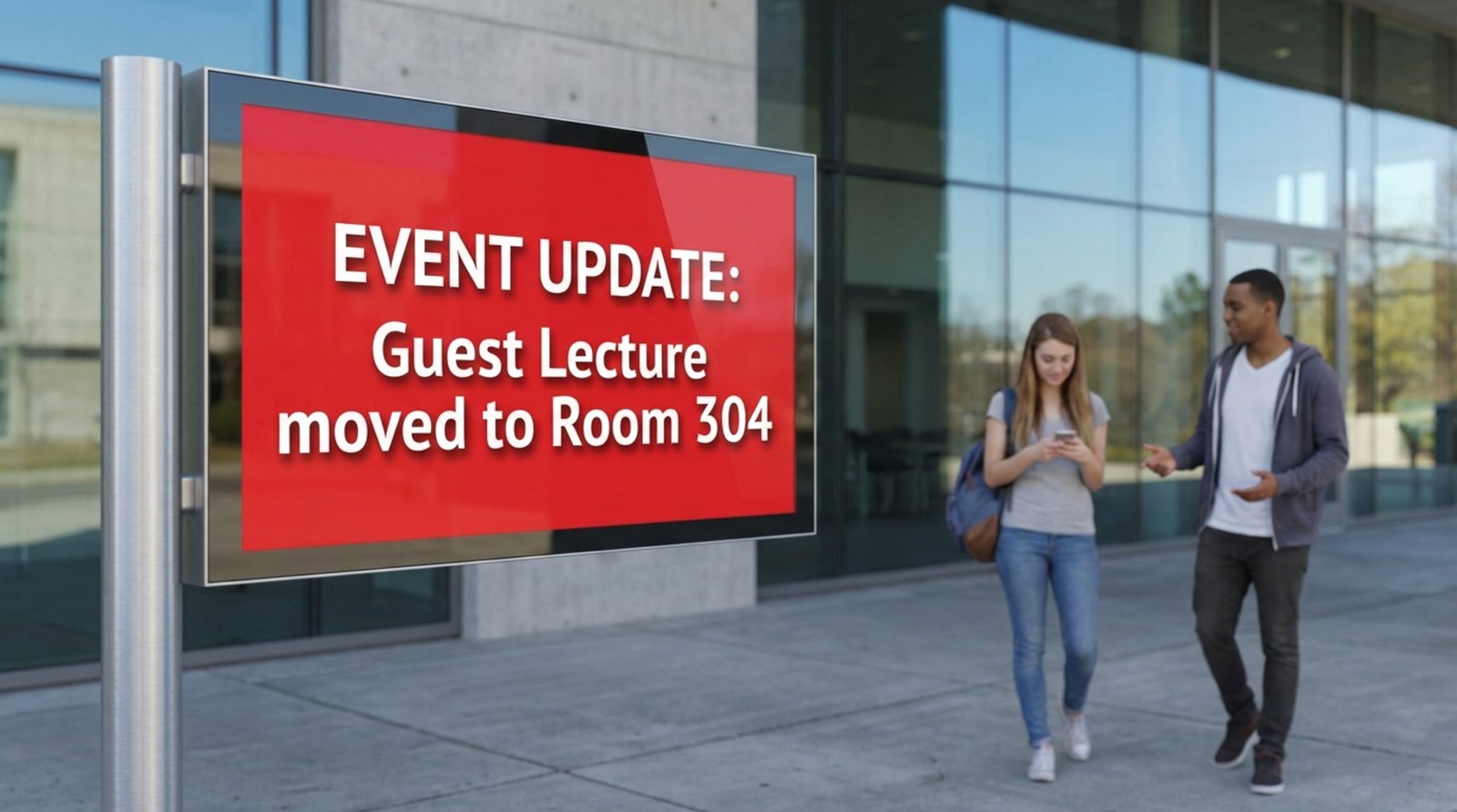 Photorealistic image of a digital screen outside a lecture hall displaying an urgent event update with students nearby.