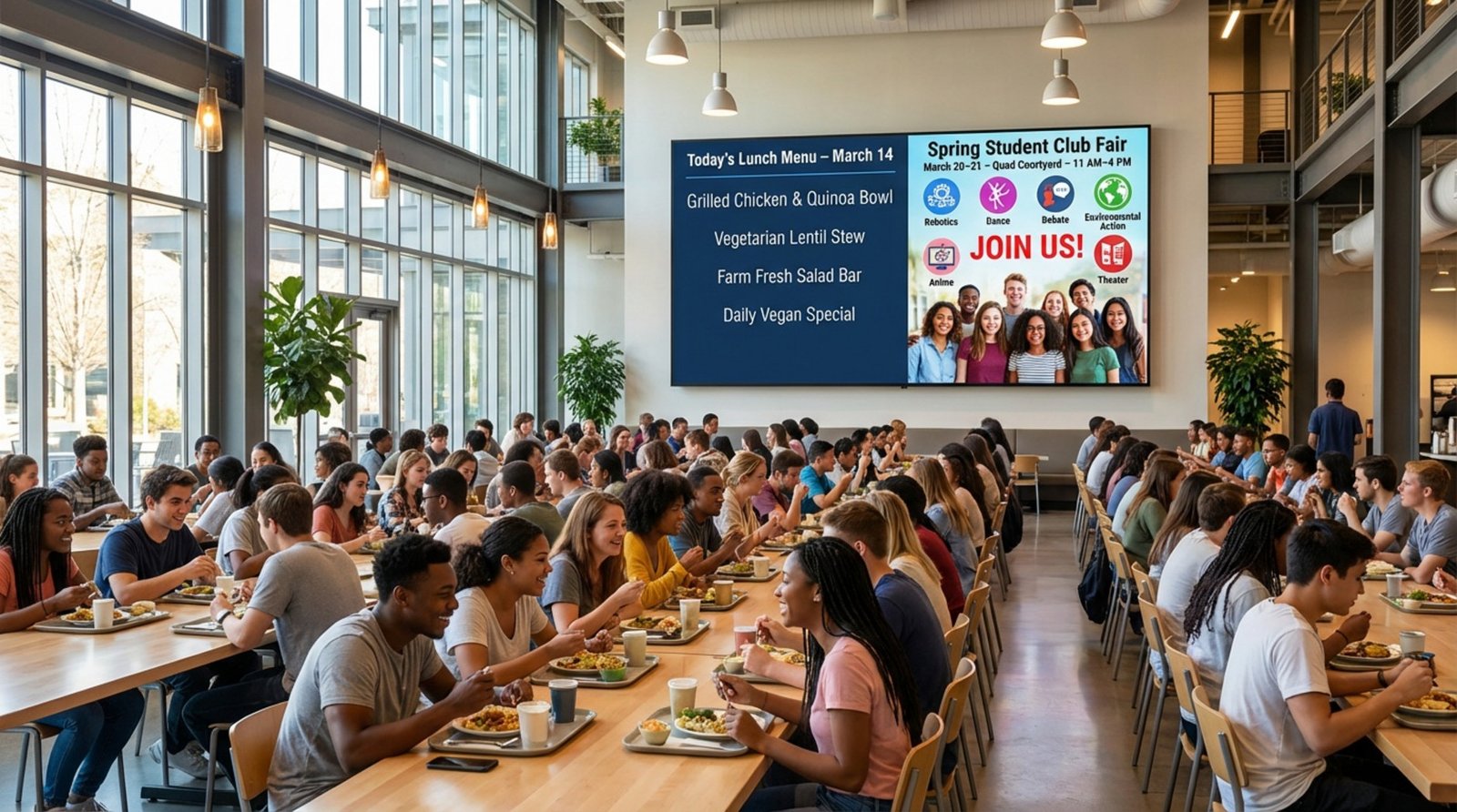 Photorealistic scene of a busy university dining hall with students eating and socializing, featuring a large digital screen displaying the lunch menu and a student club fair advertisement.