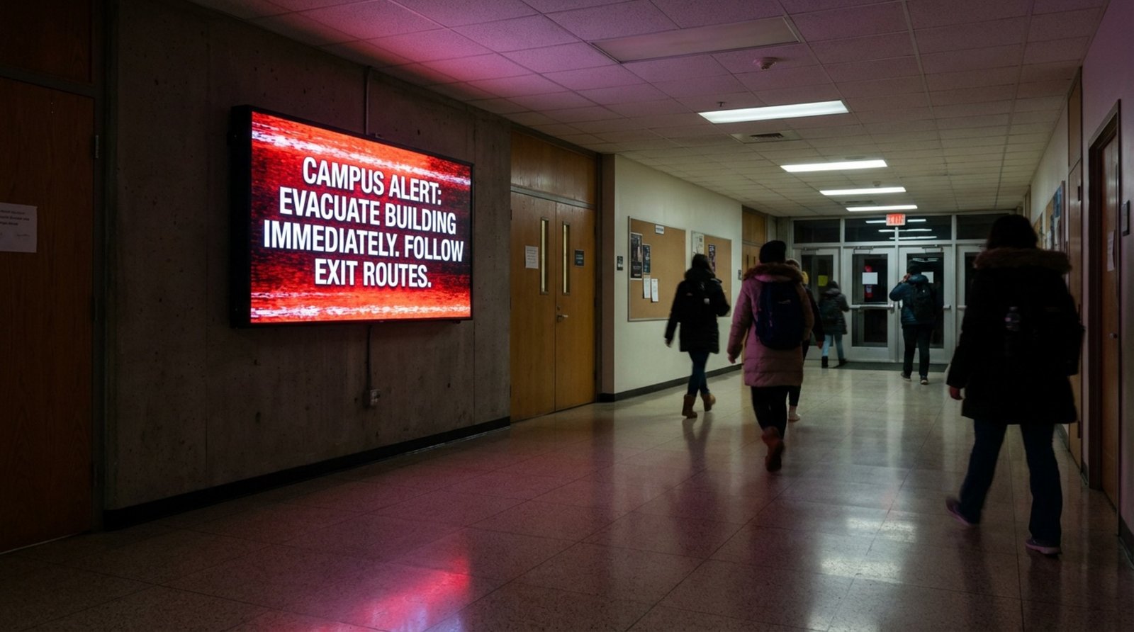 A digital emergency alert displayed on a screen in a university hallway with people evacuating quickly.