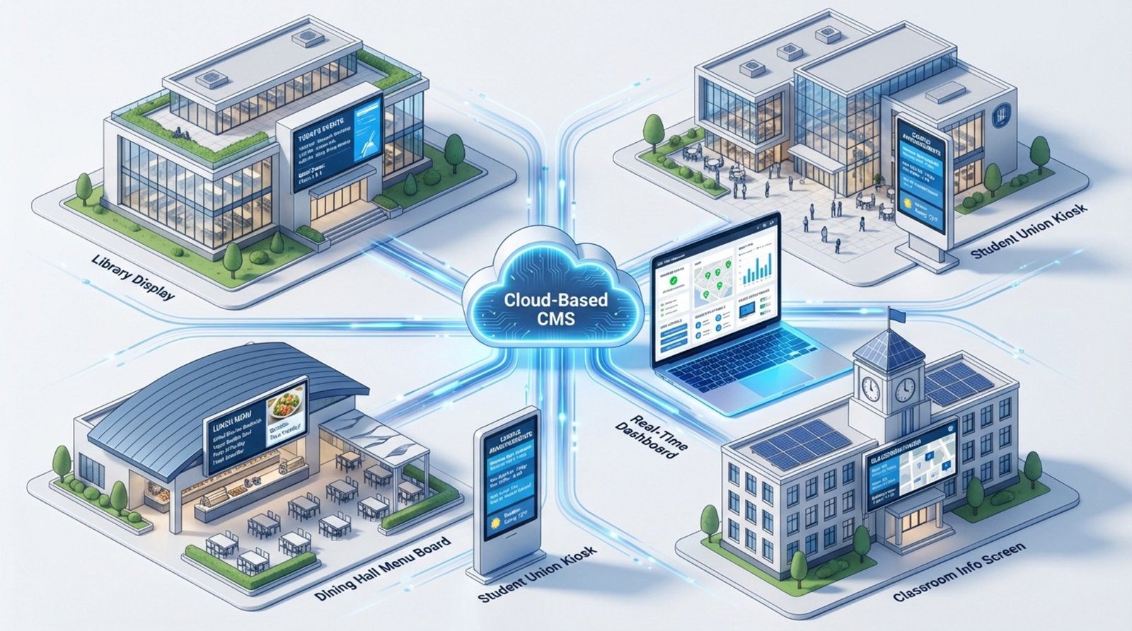 A modern infographic illustrating a cloud-based signage network connecting campus screens via a central cloud and dashboard.
