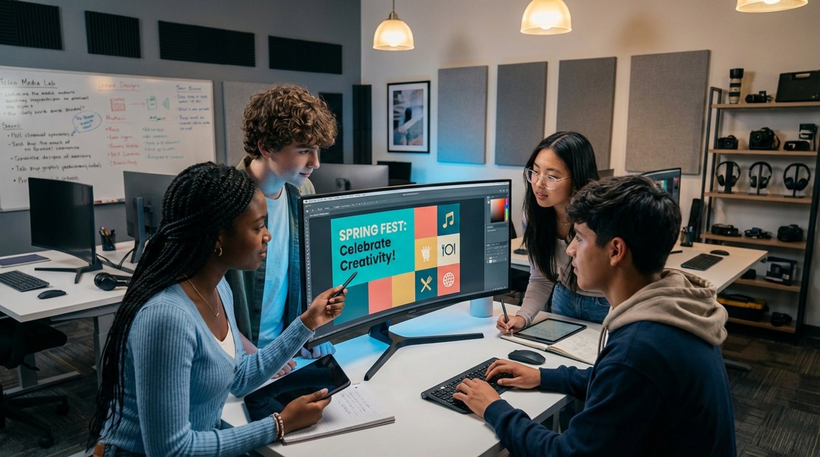 A diverse group of students collaborates on a digital slide in a high school media lab, demonstrating teamwork and creativity.