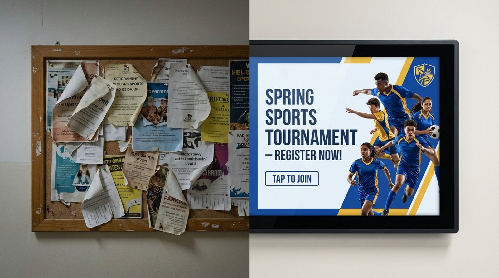 A dramatic split-screen comparison of a cluttered cork board and a clean digital display showcasing a clear sports event announcement.