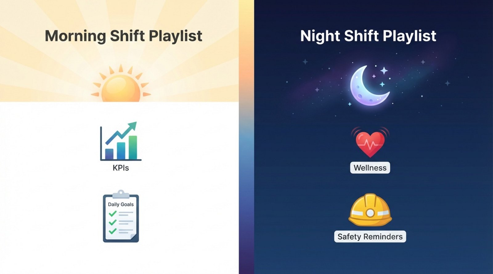 An infographic comparing morning and night shift playlists with icons for sun, KPIs, and goals on the left and moon, wellness, and safety icons on the right.